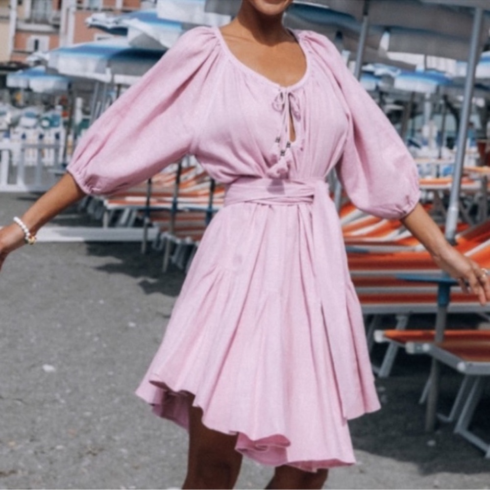 NWT SPELL Bella Tie Waist Linen Dress in Orchid